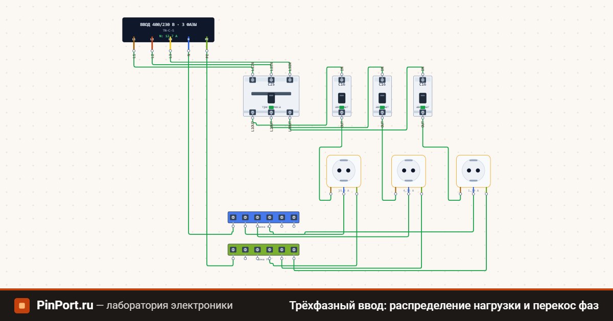 Схема: Трёхфазный ввод: распределение нагрузки и перекос фаз