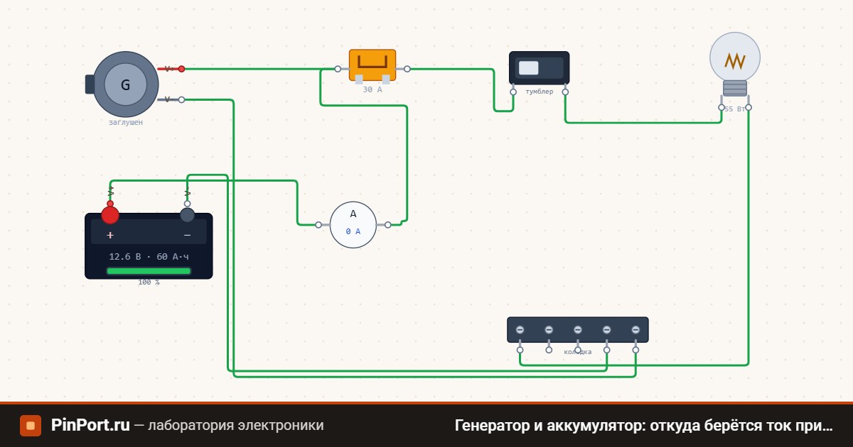 Схема: Генератор и аккумулятор: откуда берётся ток при работающем моторе